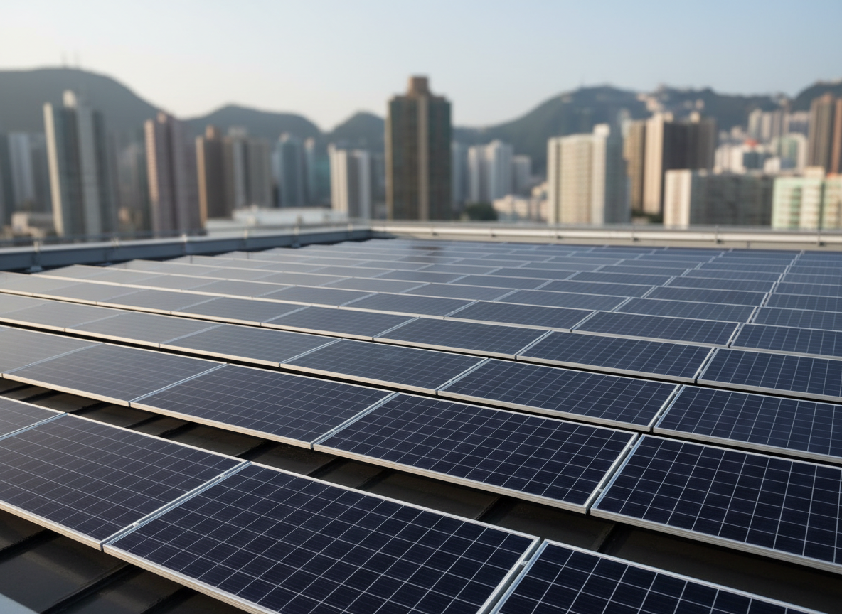 A wide rooftop of a modern low-rise building in Hong Kong fully covered with sleek blue-black monocrystalline solar panels, each panel framed in matte aluminum and precisely aligned in symmetrical rows. The surrounding city skyline with high-rises and green hills appears softly blurred in the background. Late afternoon natural sunlight reflects cleanly off the tempered glass surfaces, creating crisp highlights and sharp geometric shadows between the rows. Captured from a slightly elevated, wide-angle perspective with sharp focus throughout, the composition emphasizes order, reliability, and high-tech professionalism. The atmosphere is clean, modern, and quietly powerful, in a photographic realism style suitable for a premium solar engineering company website.