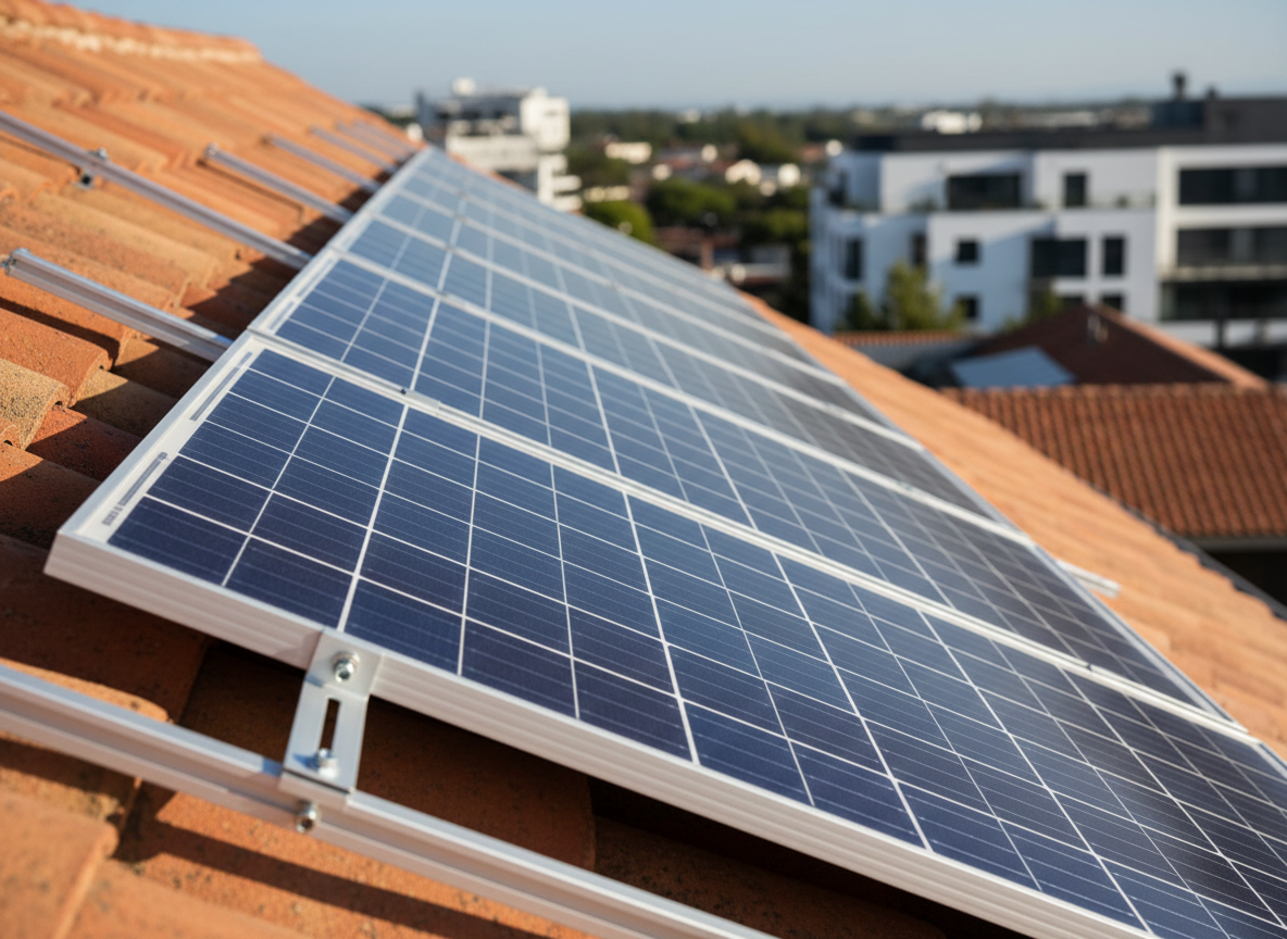 A close-up view of a high-quality solar panel array installed on a sloping tiled roof, each panel with finely textured anti-reflective glass, subtle grid lines, and brushed aluminum frames bolted to adjustable brackets. The traditional terracotta roof tiles are partially visible beneath the mounting rails, adding warm earthy tones that contrast with the cool blues of the PV cells. Late-morning sunlight creates delicate specular highlights on the metal hardware and gentle, well-defined shadows along the tile ridges. Photographed from a low, side angle with shallow depth of field, the foreground panel is in crisp focus while the roofline and distant urban background softly blur, producing a technical yet aesthetically pleasing, highly professional solar installation image.