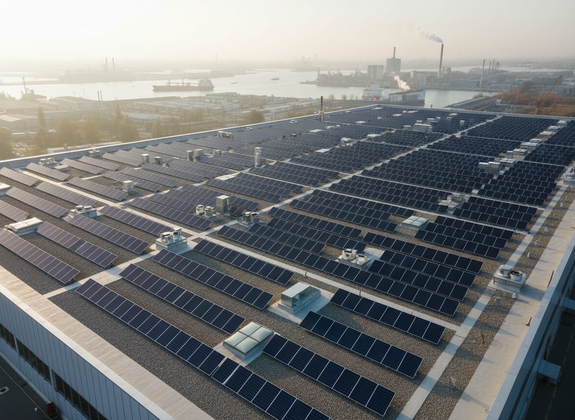 A bird’s-eye view of a large commercial rooftop in an industrial area, fully optimized with multiple solar arrays laid out in meticulously planned rectangular blocks separated by clear maintenance walkways. The roof’s light grey waterproof membrane contrasts with the deep blue of the photovoltaic modules and the occasional silver of ventilation ducts and skylights. Late afternoon golden-hour sunlight rakes across the scene, stretching long, orderly shadows of the panel rows and rooftop features. The distant harbor and clustered factory buildings are softly hazed in the background, emphasizing the roof as the main subject. The composition is geometric and structured, with strong lines and right angles, captured in crisp photographic realism to communicate large-scale solar project capability.