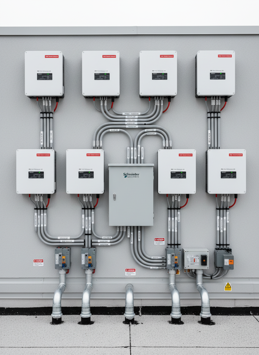 An organized rooftop solar control and inverter area featuring wall-mounted white inverters, a neat grey distribution box, clearly labeled conduits, and meticulously routed cabling fixed along a clean painted wall. In front, several conduit runs emerge from the roof and connect seamlessly into the protection devices, with red and yellow warning labels legible but not dominant. Soft, diffused daylight from an overcast sky minimizes harsh reflections, creating an evenly lit, technically clear scene. Captured at eye level with a centered, symmetrical composition and sharp focus, the image conveys safety, compliance, and engineering precision in realistic photographic style, ideal for illustrating the behind-the-scenes infrastructure of a professional solar energy system.