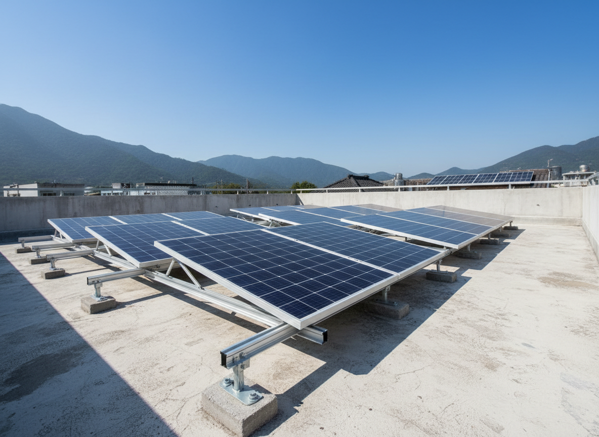 A compact Hong Kong village house rooftop converted into a neat solar energy terrace, featuring several medium-sized dark blue solar panels mounted on sturdy silver mounting rails anchored to pale concrete. Around the panels, there are low parapet walls, distant green mountains, and hints of nearby village rooftops, all softly out of focus. Clear midday sunlight from a cloudless sky bathes the scene, producing precise shadows beneath each mounting bracket and a slight sheen across the panel glass. Shot at eye level with a slightly diagonal composition that leads the eye along the panel rows, the image feels bright, optimistic, and trustworthy, rendered in clean, photographic realism for a professional solar engineering context.